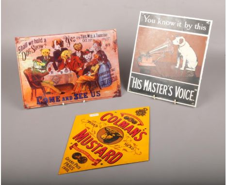 Three reproduction enamel signs for Colman's Mustard, His Master's Voice and British Kennel Association.  