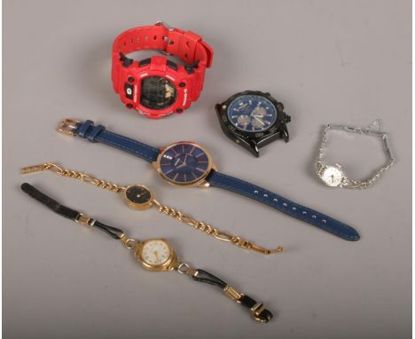 Three ladies manual wristwatches including Ingersoll and three quartz watches.  