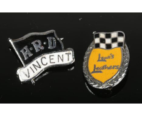Two vintage Aviakit enamel motorcycle badges, HRD Vincent and Lewis Leathers.  