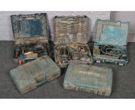 Five cased electrical tools to include Makita drill, Bosch drill etc  