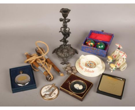 A group lot to include ornate E.G.Zimmermann candlestick stamped to base, miniature painting of a bird, vintage skipping rope