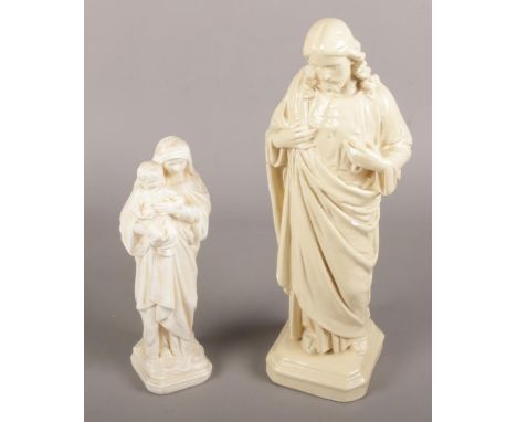 Two vintage religious plaster figures  including Christ with sacred heart.  