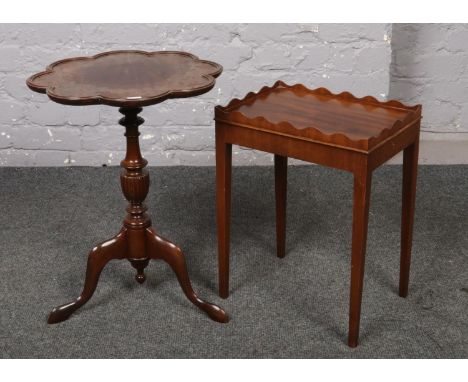Two mahogany occasional tables; one with scalloped edge and tripod base, the other with gallery edge and tapering supports.  