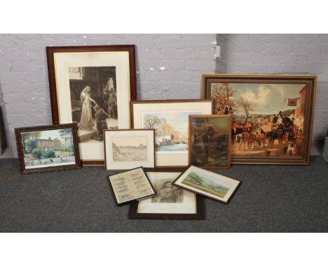 A collection of pictures and prints to include large E.Blair Leighton print, hunting scene print, Bronte family print signed 