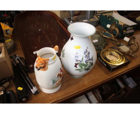 A jug decorated with a hunting scene together with a Royal Worcester herbs vase