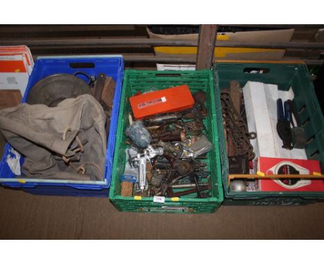 Three plastic crates of various hand tools etc. 