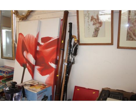 A bundle of walking sticks together with a didgeridoo