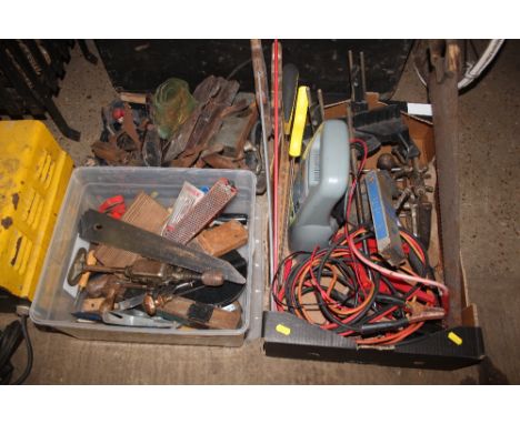 Two plastic trays and a box of various hand tools ; jump leads; battery charger etc. 