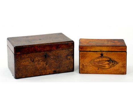 A GEORGE III INLAID SATINWOOD TEA CADDY WITH SHELL PATERAE, 19CM W (POOR CONDITION) AND A VICTORIAN WALNUT BOX
