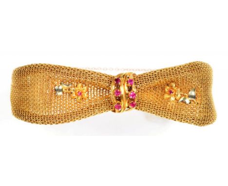 AN ITALIAN RUBY SET GOLD MESH BRACELET, 52G GROSS