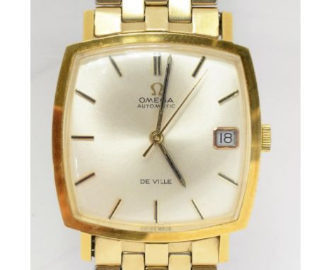 AN OMEGA 18CT GOLD CUSHION SHAPED SELF WINDING GENTLEMAN'S WRISTWATCH, DE VILLE, MAKER'S GOLD PLATED BRACELET WITH OMEGA DEVI