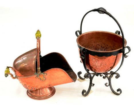 AN ARTS AND CRAFTS COPPER AND WROUGHT IRON COAL SCUTTLE WITH SWING HANDLE, 68CM H, EARLY 20TH CENTURY AND A VICTORIAN COPPER 