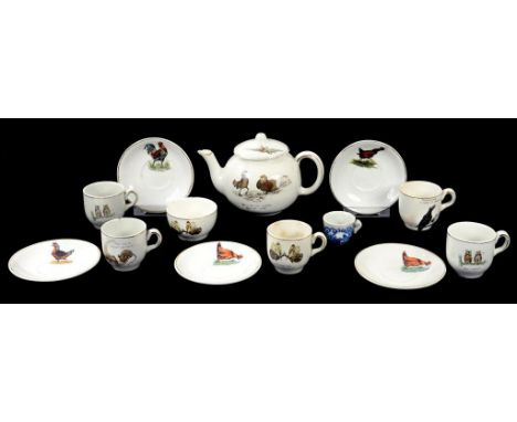 A WILKINSON LTD EARTHENWARE CHILD'S TEA SERVICE, DECORATED WITH BIRDS, TEAPOT AND COVER 9.5CM H, PRINTED MARK, C1930 AND A MI