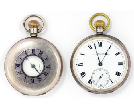 A SWISS SILVER HALF HUNTING CASED KEYLESS LEVER WATCH, BIRMINGHAM 1922 AND A CONTEMPORARY SILVER KEYLESS LEVER WATCH, THE ENA