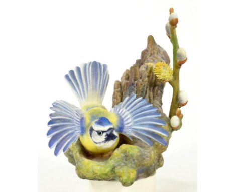 A ROYAL WORCESTER MODEL OF A BLUETIT AND PUSSY WILLOW BY DOROTHY DOUGHTY, 18CM H, PRINTED MARK, CIRCA 1964
