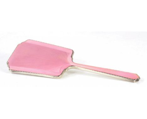 AN ELIZABETH II SILVER AND PINK GUILLOCHE ENAMEL HAND MIRROR, BIRMINGHAM 1954