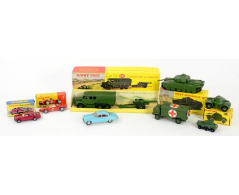 DIECAST TOYS, COMPRISING BOXED DINKY TOYS 7.2 HOWITZER AND TRACTOR 695, CENTURION TANK 651, ARMORED CAR 670, AND FERRARI RACI