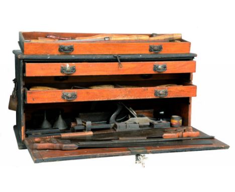 A VICTORIAN MAHOGANY FALL FRONT TOOL CHEST, CONTAINING A GOOD COLLECTION OF VINTAGE TOOLS, INCLUDING AN A STANLEY BED ROCK BE