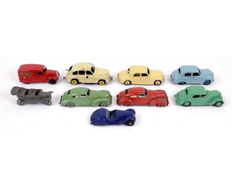 DINKY AND OTHER TOYS, MOTOR CARS INCLUDING RILEY, ROVER 7S, "DUNLOP" VAN AND JOLLY ROLLER (2) (9)