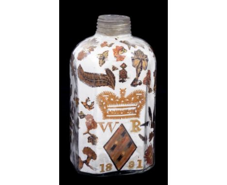 DECALCOMANIA.  A WILLIAM IV COMMEMORATIVE GLASS FLASK, DECORATED WITH PRINTED PAPER SCRAPS, CROWN, WR AND DATE 1831, 15.5CM H