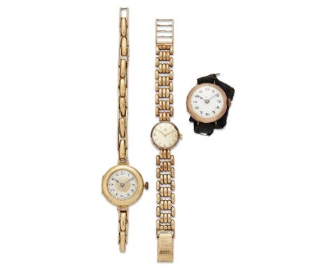 A group of three lady's gold wristwatches, comprising an 18ct gold jewelled lever wristwatch, by Buren, the circular dial wit