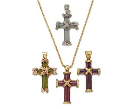 Theo Fennell, four gem-set and diamond cross pendants, by Theo Fennell, set with cabochon amethyst, tourmaline and peridot re