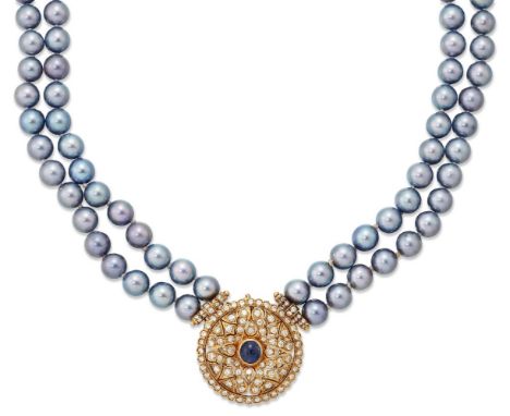 A cultured pearl necklace with sapphire and diamond clasp, the double uniform row of cultured pearls to a diamond pierced clu
