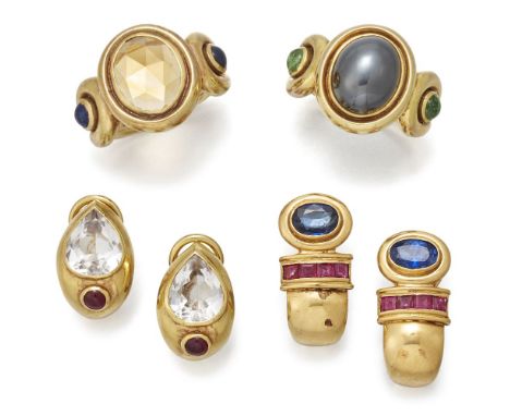 A collection of jewellery: comprising; two pairs of ear clips and two rings, one 9ct gold set with an oval facetted citrine w