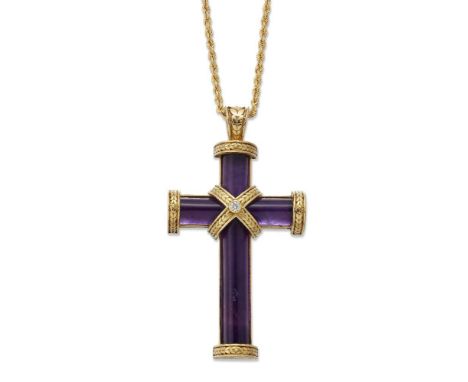 Theo Fennell, amethyst and diamond pendant cross, by Theo Fennell, set with cabochon amethyst and a brilliant-cut diamond cen