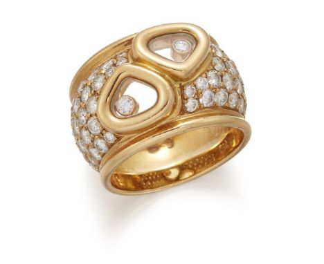 Chopard, a happy diamond, diamond ring, by chopard, centring on two heart-shaped lockets each with a floating diamond, the mo