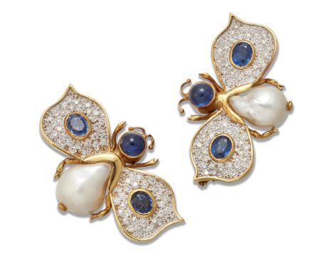 A pair of diamond, sapphire and cultured pearl bee brooches, each with pave diamond wings set with a single oval sapphire col