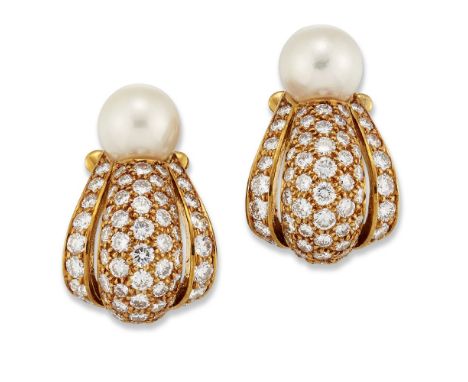 Cartier, a pair of diamond and cultured pearl ear clips, by Cartier, each of scroll design pave-set with brilliant-cut diamon