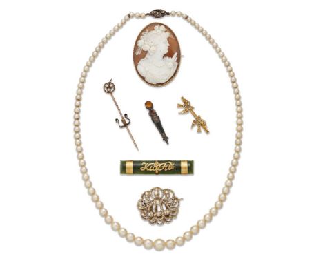 A small group of jewellery, comprising: a shell cameo brooch, a cultured pearl necklace; four various brooches and a stickpin