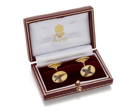 Asprey, pair of gold and enamel cufflinks, by Asprey, each link depicting a pheasant in flight, Maker's mark and British hall