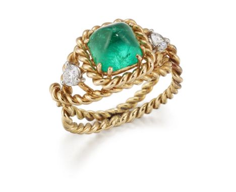 Tiffany &amp; Co, Schlumberger, a cabochon emerald and diamond ring by Tiffany &amp; Co, Schlumberger, centring on a cabochon