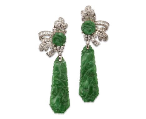 A pair of Jadeite jade and diamond pendant earrings, each designed as a claw-set carved circular jade disc and diamond and ba