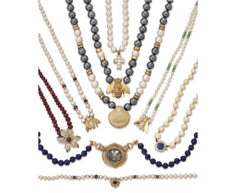 A group of nine various cultured pearl and gem necklaces, including: a cultured pearl uniform single-row necklace suspending 