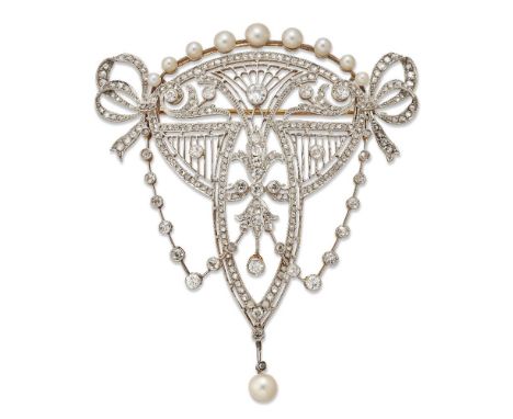 A diamond and cultured pearl brooch, of open work millegrain design set with brilliant and rose-cut diamonds, accented with c