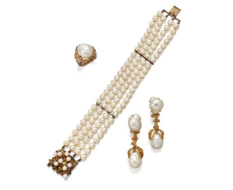 A pair of baroque cultured pearl earrings and ring and cultured pearl bracelet, the earrings each supporting a baroque cultur