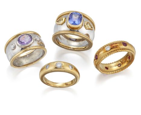 Theo Fennell, four rings, comprising: a diamond and ruby set band ring; an oval collet-set amethyst ring with diamond shoulde