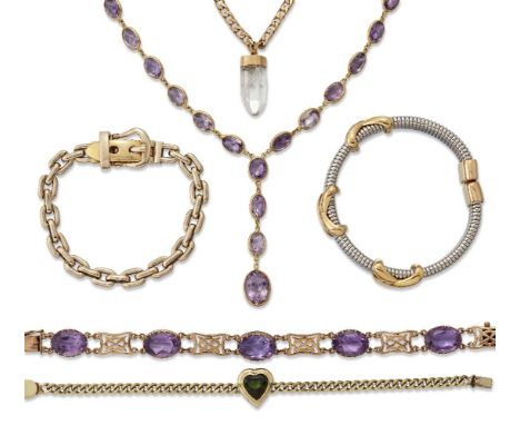 A group of jewellery, including: five rock crystal pendants; an 18ct gold mounted spectacle set necklace; a gold mounted oval