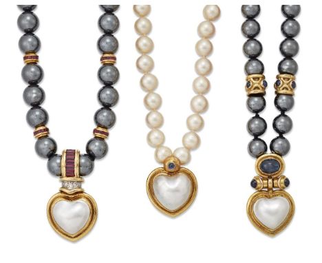 Two hematite and mabe cultured pearl necklaces, one ruby and diamond set, and a cultured pearl necklace, all by Deakin &amp; 