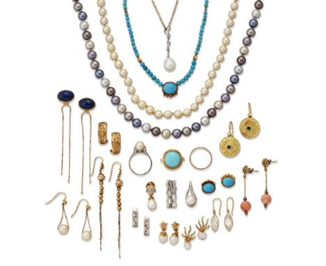 A quantity of jewellery, including, ten pairs of various gem and imitation gem earrings; a cultured pearl drop and diamond pe