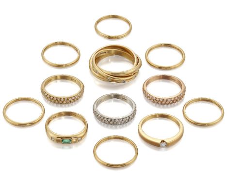 Twelve various diamond and plain band rings, including: a diamond-set triple hoop ring, by Theo Fennell, signed Fennell; thre