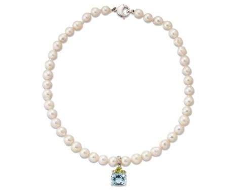 Kiki McDonough, a topaz, peridot and diamond pendant to cultured pearl necklace, by Kiki McDonough, the cushion-shaped blue t