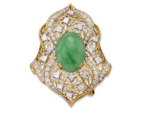 A jadeite jade and diamond brooch, designed as a cartouche shaped pierced panel with central claw-set oval cabochon jade and 