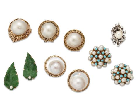 A collection of jewellery: comprising; a pair of mabe pearl ear clips and matching ring; clip and post fittings, ring size O,