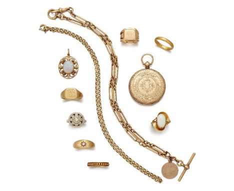 A group of jewellery and a fob watch, including: a 19th century gold hunter case keyless cylinder fob watch: a 19th century g