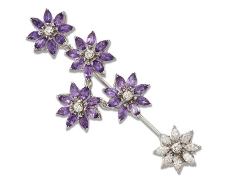 Asprey &amp; Co, an amethyst and diamond flower surete pin, by Asprey, composed of four navette-cut amethyst cluster flowerhe