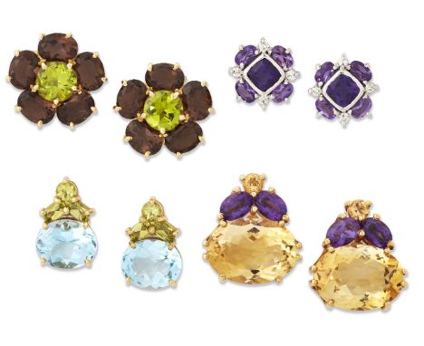 Fours pairs of gem-set earrings, one pair of 18ct gold mounted cluster design earstuds set with mixed-cut amethyst and brilli